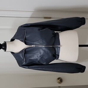 Pazzo X GGU Kim Collab. Size S Navy Blue Cropped Faux Leather Jacket, Like New